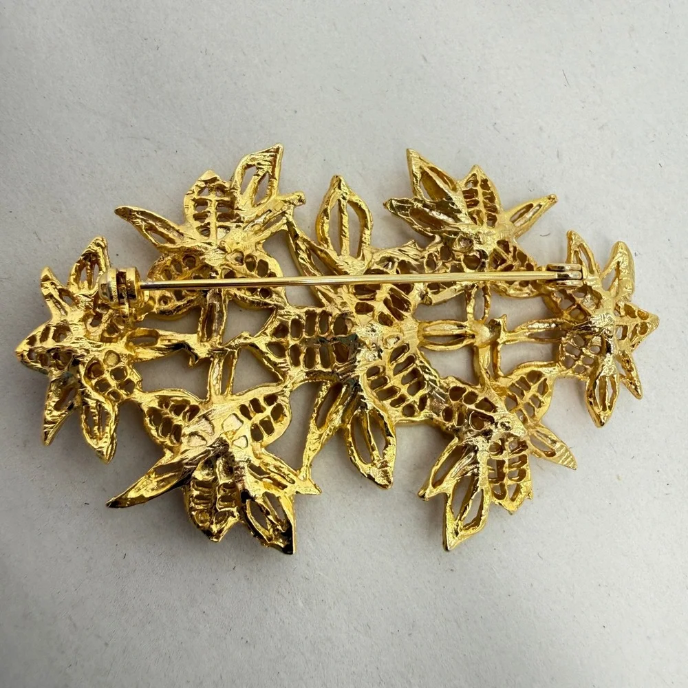 Vintage Floral Lily Brooch Faux Pearl Cluster Pin 3 Inch Large‎ Gold Tone